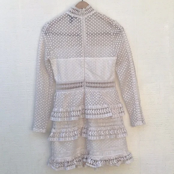 AQUA ivory crochet knit lace sheer long sleeve ruffle tier layered dress - Picture 3 of 16